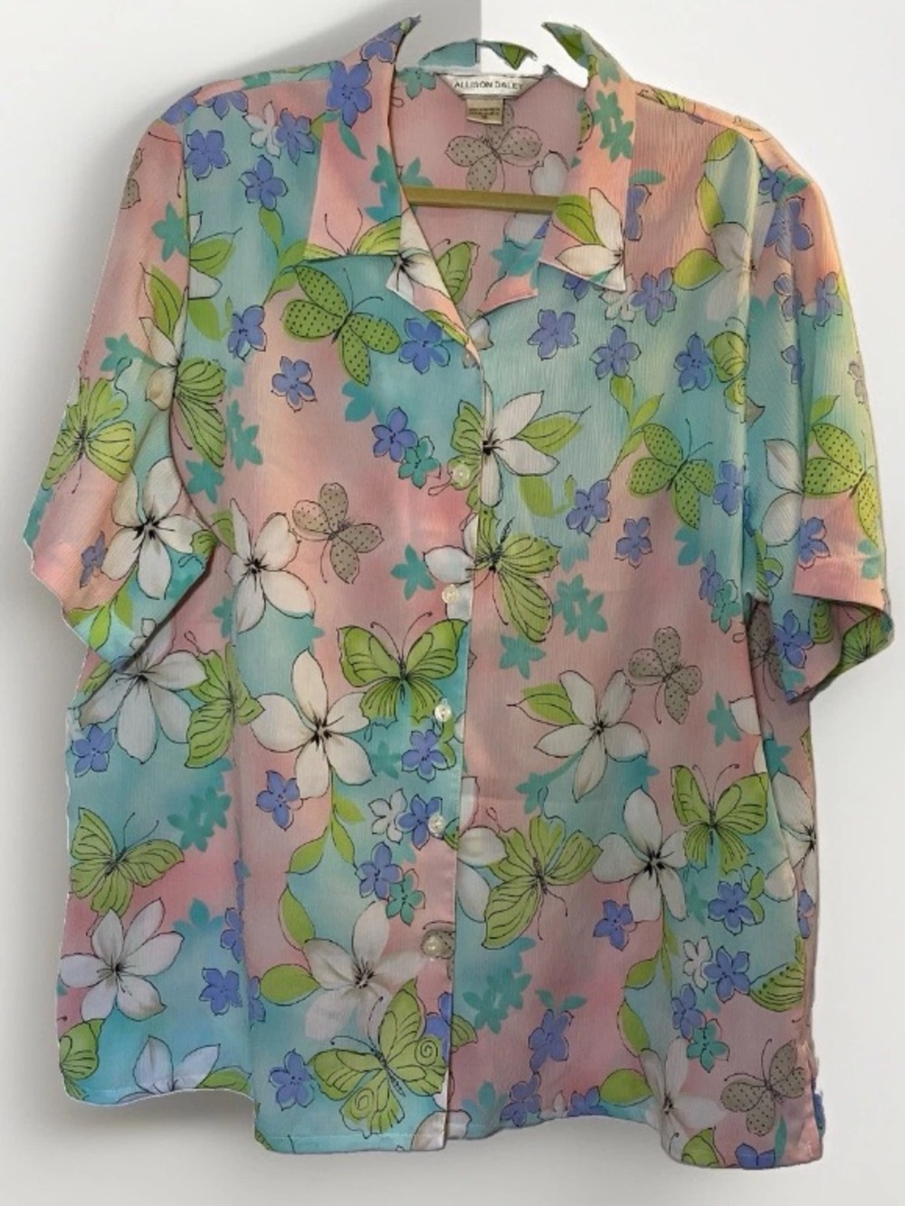 Allison Daley Women’s Size 18 Pastel Floral Butterfly Shirt Top Blouse Vintage